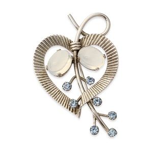 Vintage Van Dell Sterling Silver Heart Brooch Pin Faux Moonstone Blue Rhinestone